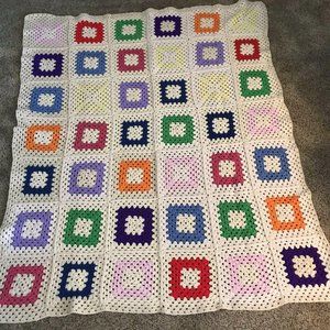 Vintage Crochet Ivory Granny Square Afghan Blanket